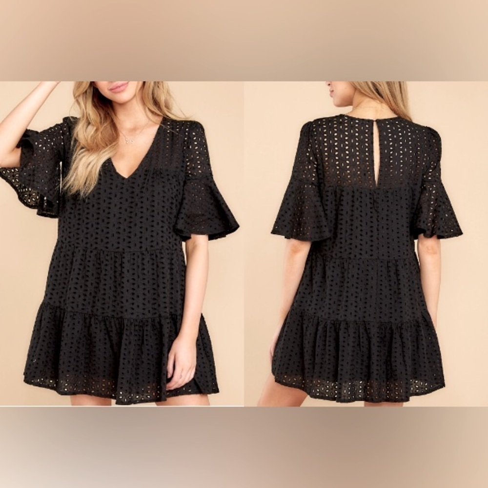 Mustard Seed Black Eyelet Short Swing Dress Size L NWT